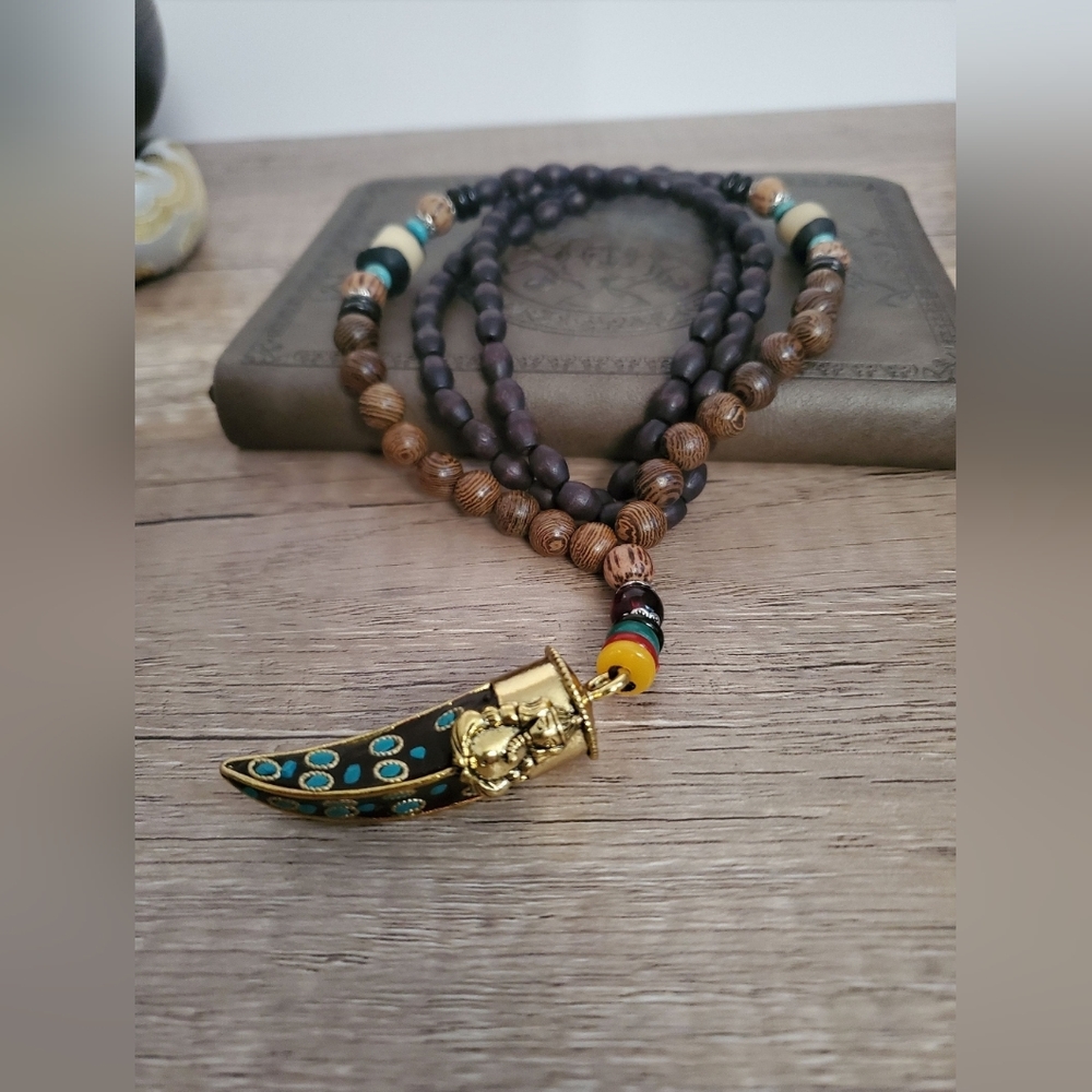 Nepal Buddhist Mala Wood Beaded Pendant Necklace Ethnic Bohemian Boho Necklace